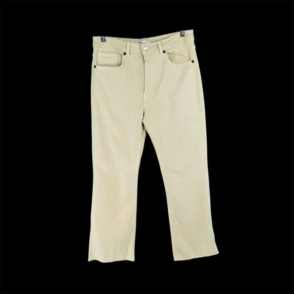 Zara Denim Flared Cropped Jeans Cream Color Women's 10 Raw Hem 26" Inseam - Picture 2 of 15